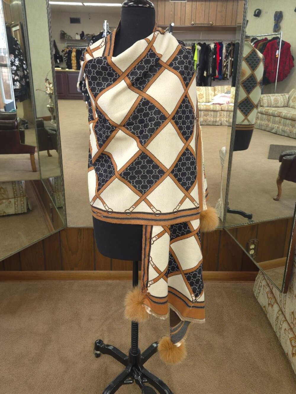 Geometric Design Shawl/Wrap/Scarf with Fox Fur Poms